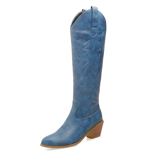 LarDorLin Damen Winter Western Knee High Cowboystiefel Ohne Verschluss Blockabsatz Warm Pointed Toe Embroidery Booty Komfort Blau Gr 47 EU (49 Cn) von LarDorLin