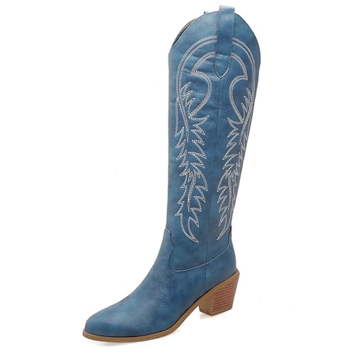 LarDorLin Damen Winter Western Knee High Cowboystiefel Ohne Verschluss Blockabsatz Warm Pointed Toe Embroidery Booty Komfort Blau Gr 50 EU (52 Cn) von LarDorLin