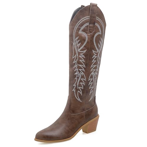 LarDorLin Damen Winter Western Knee High Cowboystiefel Ohne Verschluss Blockabsatz Warm Pointed Toe Embroidery Booty Komfort Dark-Braun Gr 32 EU von LarDorLin