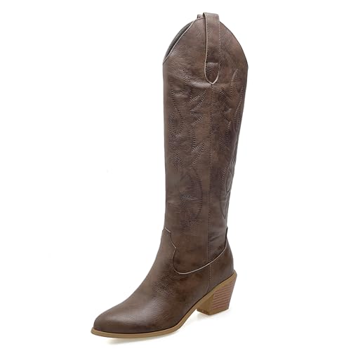 LarDorLin Damen Winter Western Knee High Cowboystiefel Ohne Verschluss Blockabsatz Warm Pointed Toe Embroidery Booty Komfort Dark-Braun Gr 40.5 EU (42 Cn) von LarDorLin