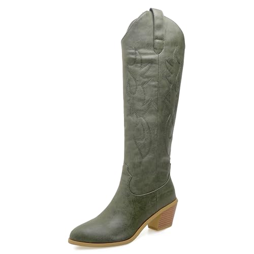 LarDorLin Damen Winter Western Knee High Cowboystiefel Ohne Verschluss Blockabsatz Warm Pointed Toe Embroidery Booty Komfort Grün Gr 36.5 EU (37 Cn) von LarDorLin