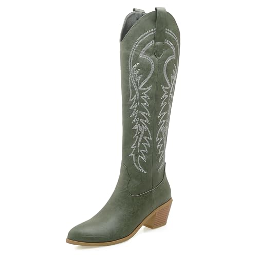 LarDorLin Damen Winter Western Knee High Cowboystiefel Ohne Verschluss Blockabsatz Warm Pointed Toe Embroidery Booty Komfort Grün Gr 43 EU (45 Cn) von LarDorLin