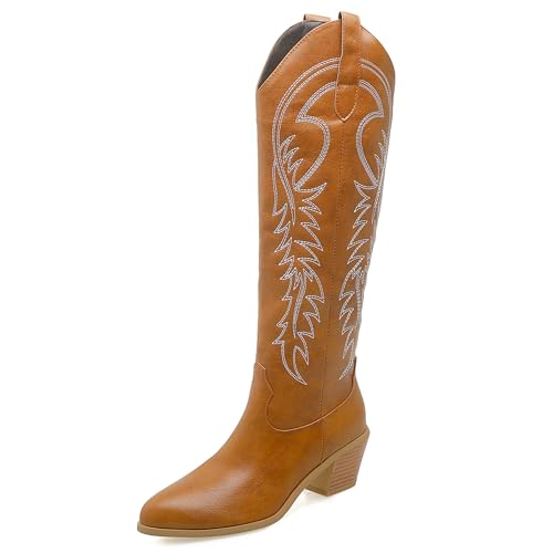 LarDorLin Damen Winter Western Knee High Cowboystiefel Ohne Verschluss Blockabsatz Warm Pointed Toe Embroidery Booty Komfort Light-Braun Gr 40.5 EU (42 Cn) von LarDorLin