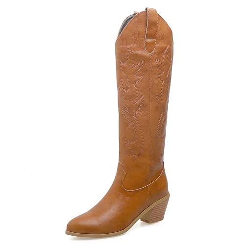 LarDorLin Damen Winter Western Knee High Cowboystiefel Ohne Verschluss Blockabsatz Warm Pointed Toe Embroidery Booty Komfort Light-Braun Gr 41 EU (43 Cn) von LarDorLin