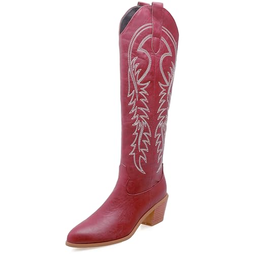 LarDorLin Damen Winter Western Knee High Cowboystiefel Ohne Verschluss Blockabsatz Warm Pointed Toe Embroidery Booty Komfort Rotwein Gr 35 EU von LarDorLin