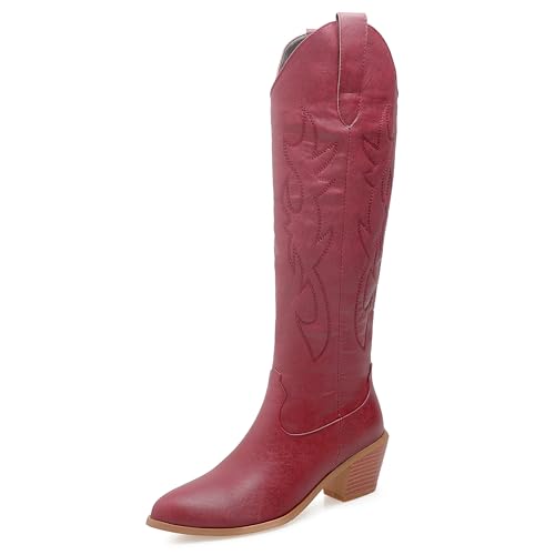 LarDorLin Damen Winter Western Knee High Cowboystiefel Ohne Verschluss Blockabsatz Warm Pointed Toe Embroidery Booty Komfort Rotwein Gr 39 EU (40 Cn) von LarDorLin