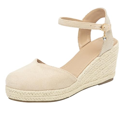 LarDorLin Espadrille Keilabsatz Damen Geschlossen Knöchelriemchen Sandals Plateau Sommer Komfort Wildleder Schnalle Keilabsatzs Aprikose Gr 40 EU (41 CN) von LarDorLin