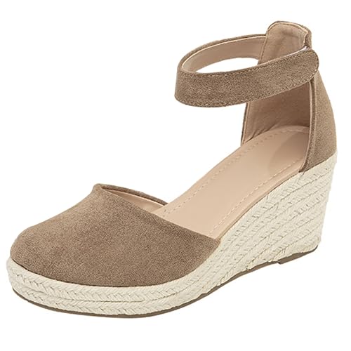 LarDorLin Espadrille Keilabsatz Damen Geschlossen Knöchelriemchen Sandals Plateau Sommer Komfort Wildleder Schnalle Keilabsatzs Kaffee Gr 39 EU (40 CN) von LarDorLin