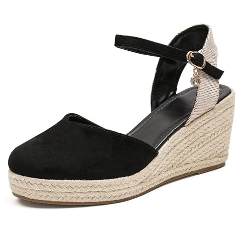 LarDorLin Espadrille Keilabsatz Damen Geschlossen Knöchelriemchen Sandals Plateau Sommer Komfort Wildleder Schnalle Keilabsatzs Schwarz Gr 38 EU (39 CN) von LarDorLin