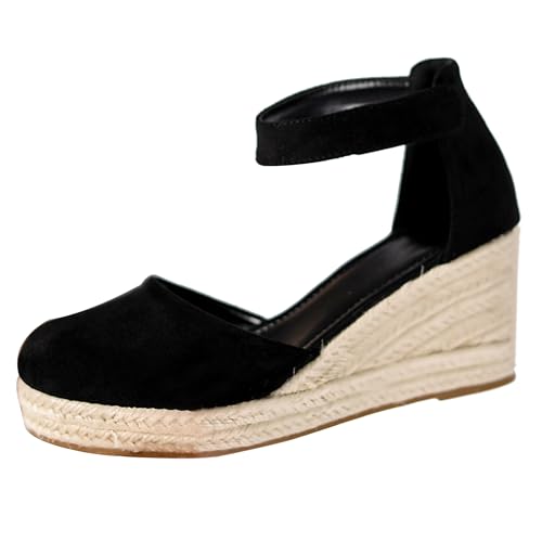 LarDorLin Espadrille Keilabsatz Damen Geschlossen Knöchelriemchen Sandals Plateau Sommer Komfort Wildleder Schnalle Keilabsatzs Schwarz Gr 41 EU (43 CN) von LarDorLin