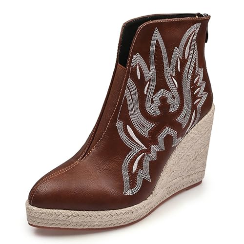 LarDorLin Espadrille Keilabsatz Damen Pointed Toe Winter Stiefeletten Comortable Höhe Ferse Plateau Warm Bestickt Stiefeletten Braun Gr 40.5 EU (42 Cn) von LarDorLin