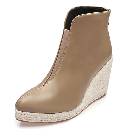 LarDorLin Espadrille Keilabsatz Damen Pointed Toe Winter Stiefeletten Comortable Höhe Ferse Plateau Warm Bestickt Stiefeletten Camel Gr 36.5 EU (37 Cn) von LarDorLin