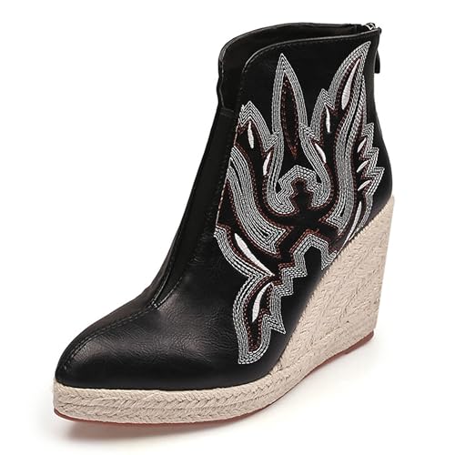LarDorLin Espadrille Keilabsatz Damen Pointed Toe Winter Stiefeletten Comortable Höhe Ferse Plateau Warm Bestickt Stiefeletten Schwarz Gr 36.5 EU (37 Cn) von LarDorLin