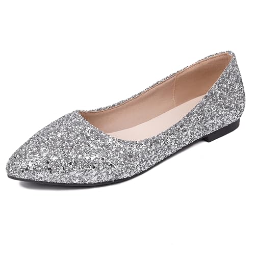 LarDorLin Flach Pointed Toe Damen Comfy Bogen Dolly Schuhe Ohne Verschluss Bride Hochzeit Ballet Gehen Glitzer Flach Schuhe Leisure Silber Gr 32 EU von LarDorLin