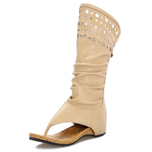 LarDorLin Flip Flops Damen Keilabsatz Römersandalens Strand Sommer Strand Zip Stiefeletten Halbschaft Vintage Sandalen Beige Gr 36.5 EU (37 CN) von LarDorLin