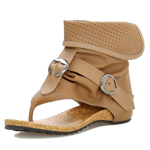 LarDorLin Flip Flops Damen Keilabsatz Römersandalens Strand Sommer Strand Zip Stiefeletten Halbschaft Vintage Sandalen Khaki Gr 40.5 EU (42 CN) von LarDorLin