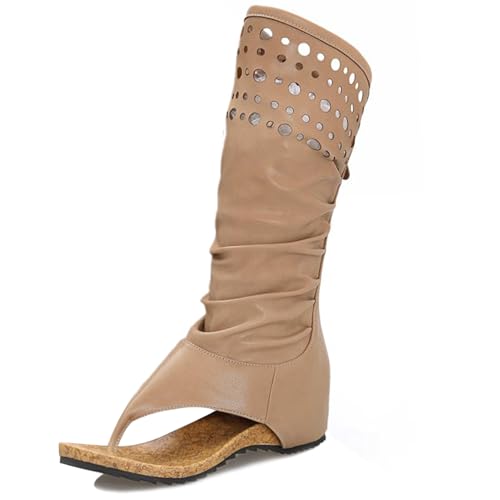 LarDorLin Flip Flops Damen Keilabsatz Römersandalens Strand Sommer Strand Zip Stiefeletten Halbschaft Vintage Sandalen Khaki Gr 40.5 EU (42 CN) von LarDorLin