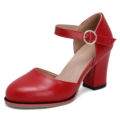 LarDorLin Geschlossen Block Sandalen Damen Knöchelriemchen Sandals Chunky Runde Zehen Simple Hochzeit Party-Sandale Rot Gr 39 EU (40 CN) von LarDorLin
