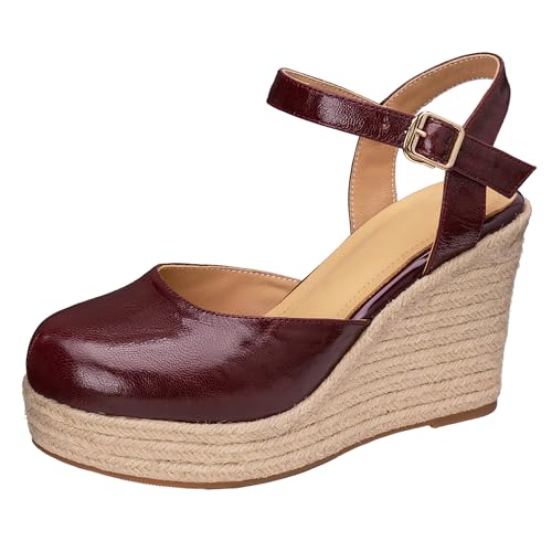 LarDorLin Geschlossen Espadrille Damen Plateau Hohen Keilabsatz Sandals Schnalle Knöchelriemchen Runde Zehen Mode Keilabsatzs Rotwein Gr 40 EU (41 CN) von LarDorLin