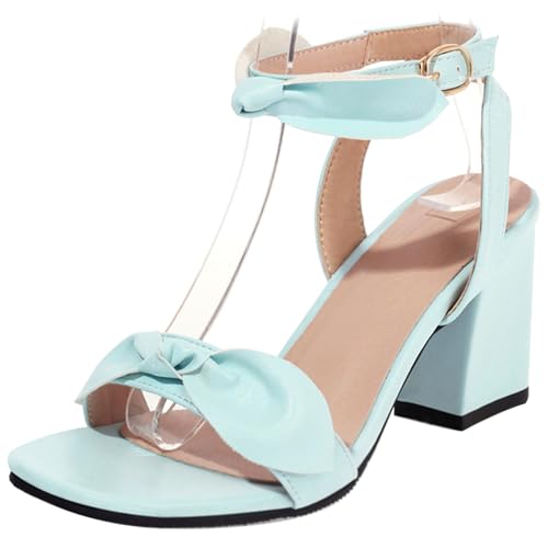 LarDorLin Glitzer Block Sandalen Damen Hochzeit Knöchelriemchen Sandals Offene Zeh Bride Bogen Chunky Transparent Party Heel Blau Gr 34 EU von LarDorLin