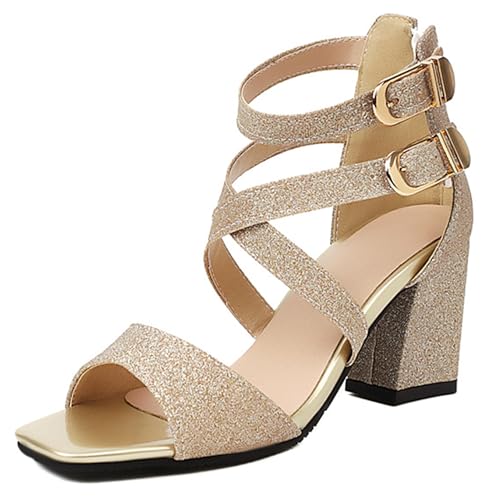 LarDorLin Glitzer Block Sandalen Damen Hochzeit Knöchelriemchen Sandals Offene Zeh Bride Bogen Chunky Transparent Party Heel Gold Gr 34 EU von LarDorLin