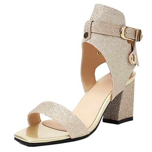 LarDorLin Glitzer Block Sandalen Damen Hochzeit Knöchelriemchen Sandals Offene Zeh Bride Bogen Chunky Transparent Party Heel Gold Gr 39 EU (40 CN) von LarDorLin