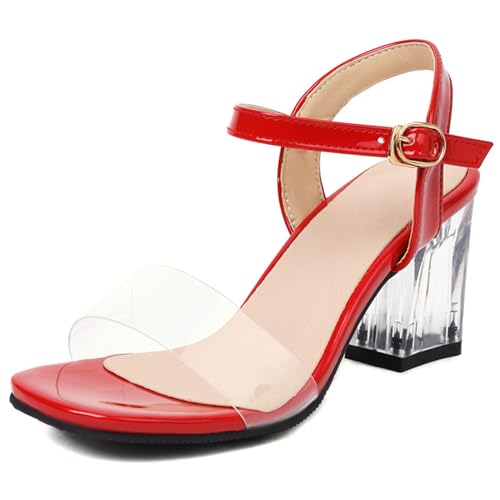 LarDorLin Glitzer Block Sandalen Damen Hochzeit Knöchelriemchen Sandals Offene Zeh Bride Bogen Chunky Transparent Party Heel Rot Gr 38 EU (39 CN) von LarDorLin