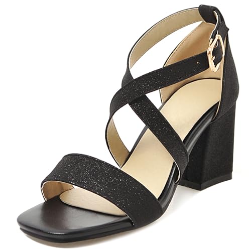 LarDorLin Glitzer Block Sandalen Damen Hochzeit Knöchelriemchen Sandals Offene Zeh Bride Bogen Chunky Transparent Party Heel Schwarz Gr 32 EU von LarDorLin