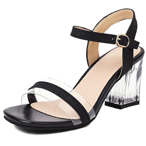 LarDorLin Glitzer Block Sandalen Damen Hochzeit Knöchelriemchen Sandals Offene Zeh Bride Bogen Chunky Transparent Party Heel Schwarz Gr 34 EU von LarDorLin