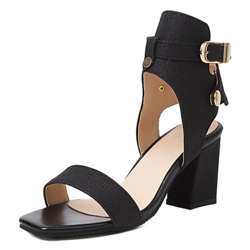 LarDorLin Glitzer Block Sandalen Damen Hochzeit Knöchelriemchen Sandals Offene Zeh Bride Bogen Chunky Transparent Party Heel Schwarz Gr 35 EU von LarDorLin