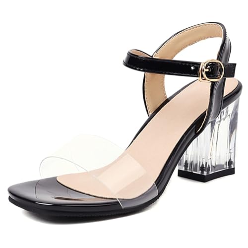 LarDorLin Glitzer Block Sandalen Damen Hochzeit Knöchelriemchen Sandals Offene Zeh Bride Bogen Chunky Transparent Party Heel Schwarz Gr 40.5 EU (42 CN) von LarDorLin
