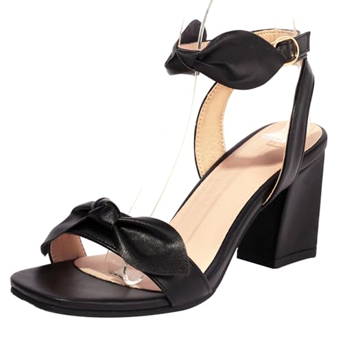 LarDorLin Glitzer Block Sandalen Damen Hochzeit Knöchelriemchen Sandals Offene Zeh Bride Bogen Chunky Transparent Party Heel Schwarz Gr 41 EU (43 CN) von LarDorLin