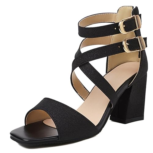 LarDorLin Glitzer Block Sandalen Damen Hochzeit Knöchelriemchen Sandals Offene Zeh Bride Bogen Chunky Transparent Party Heel Schwarz Gr 42 EU (44 CN) von LarDorLin