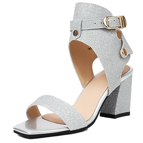 LarDorLin Glitzer Block Sandalen Damen Hochzeit Knöchelriemchen Sandals Offene Zeh Bride Bogen Chunky Transparent Party Heel Silber Gr 34 EU von LarDorLin
