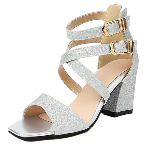 LarDorLin Glitzer Block Sandalen Damen Hochzeit Knöchelriemchen Sandals Offene Zeh Bride Bogen Chunky Transparent Party Heel Silber Gr 38 EU (39 CN) von LarDorLin