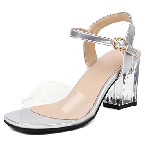 LarDorLin Glitzer Block Sandalen Damen Hochzeit Knöchelriemchen Sandals Offene Zeh Bride Bogen Chunky Transparent Party Heel Silber Gr 45 EU (47 CN) von LarDorLin