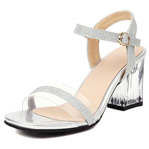 LarDorLin Glitzer Block Sandalen Damen Hochzeit Knöchelriemchen Sandals Offene Zeh Bride Bogen Chunky Transparent Party Heel Silber Gr 46 EU (48 CN) von LarDorLin