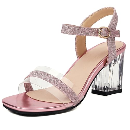 LarDorLin Glitzer Block Sandalen Damen Hochzeit Knöchelriemchen Sandals Offene Zeh Bride Bogen Chunky Transparent Party Heel Violett Gr 42 EU (44 CN) von LarDorLin