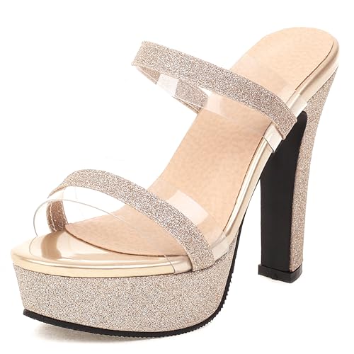 LarDorLin Glitzer Mule Damen Plateau Höhe Ferse Pantoffeln Transparent Offene Zeh Sommer Hausschuhe Pantoffeln Hochzeit Party Block Sandals Gold Gr 40.5 EU (42 CN) von LarDorLin