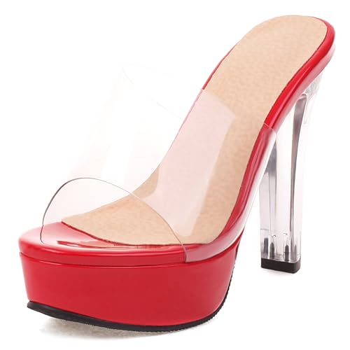 LarDorLin Glitzer Mule Damen Plateau Höhe Ferse Pantoffeln Transparent Offene Zeh Sommer Hausschuhe Pantoffeln Hochzeit Party Block Sandals Rot Gr 40.5 EU (42 CN) von LarDorLin