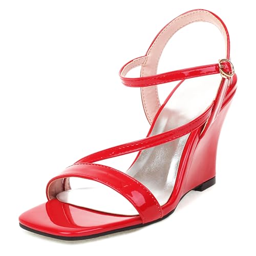 LarDorLin Hohen Keilabsatz Damen Lack Sandals Simple Knöchelriemchen Hochzeit Offene Zeh Schnalle Sandalen Elegant Rot Gr 37 EU (38 CN) von LarDorLin