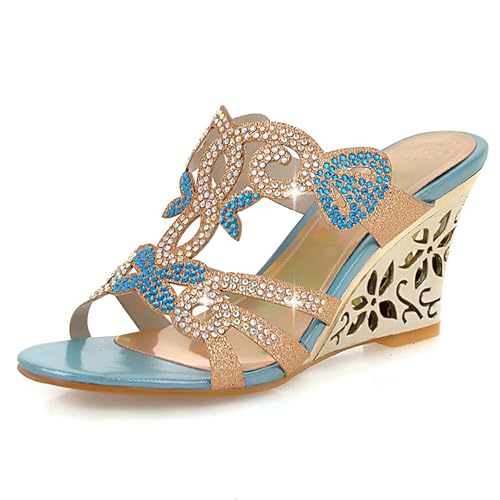 LarDorLin Keilabsatz Damen Transparent Sandals Pantoffeln Hochzeit Party Slingback Flip Flops Strand Offene Zeh Mule Hausschuhe Pantoffeln Blau Gr 33 EU von LarDorLin