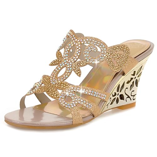 LarDorLin Keilabsatz Damen Transparent Sandals Pantoffeln Hochzeit Party Slingback Flip Flops Strand Offene Zeh Mule Hausschuhe Pantoffeln Gold Gr 34 EU von LarDorLin