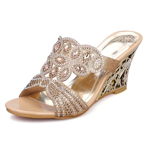 LarDorLin Keilabsatz Damen Transparent Sandals Pantoffeln Hochzeit Party Slingback Flip Flops Strand Offene Zeh Mule Hausschuhe Pantoffeln Gold Gr 36.5 EU (37 CN) von LarDorLin