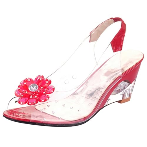 LarDorLin Keilabsatz Damen Transparent Sandals Pantoffeln Hochzeit Party Slingback Flip Flops Strand Offene Zeh Mule Hausschuhe Pantoffeln Rot Gr 32 EU von LarDorLin