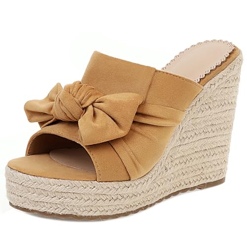 LarDorLin Keilabsatz Espadrille Plateau Damen Pantoffeln Bogen Offene Zeh Sommer Sandales Transparent Strand Flip Flops Wildleder Aprikose Gr 32 EU von LarDorLin