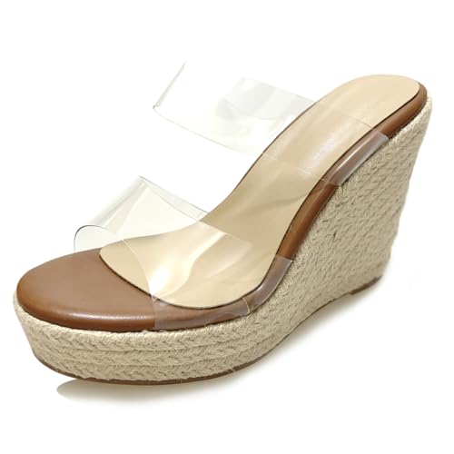 LarDorLin Keilabsatz Espadrille Plateau Damen Pantoffeln Bogen Offene Zeh Sommer Sandales Transparent Strand Flip Flops Wildleder Braun Gr 40.5 EU (42 CN) von LarDorLin