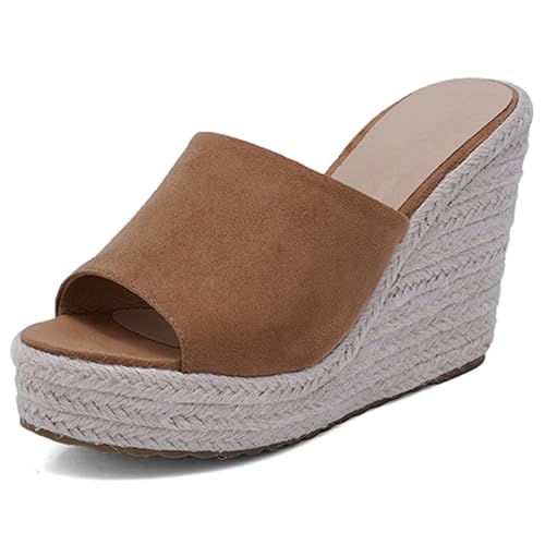 LarDorLin Keilabsatz Espadrille Plateau Damen Pantoffeln Bogen Offene Zeh Sommer Sandales Transparent Strand Flip Flops Wildleder Camel Gr 32 EU von LarDorLin
