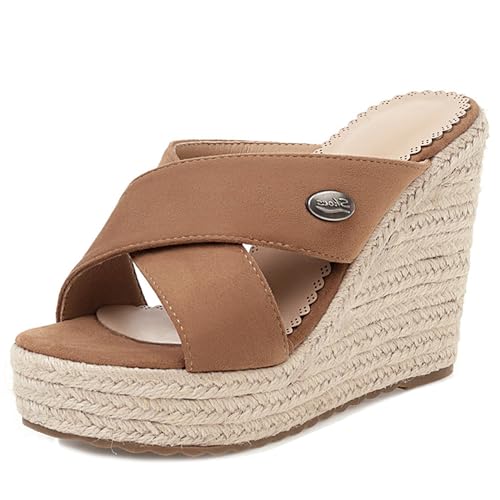 LarDorLin Keilabsatz Espadrille Plateau Damen Pantoffeln Bogen Offene Zeh Sommer Sandales Transparent Strand Flip Flops Wildleder Camel Gr 40.5 EU (42 CN) von LarDorLin
