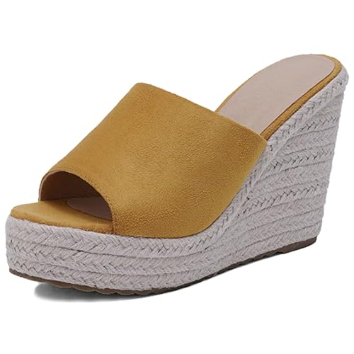 LarDorLin Keilabsatz Espadrille Plateau Damen Pantoffeln Bogen Offene Zeh Sommer Sandales Transparent Strand Flip Flops Wildleder Gelb Gr 40 EU (41 CN) von LarDorLin